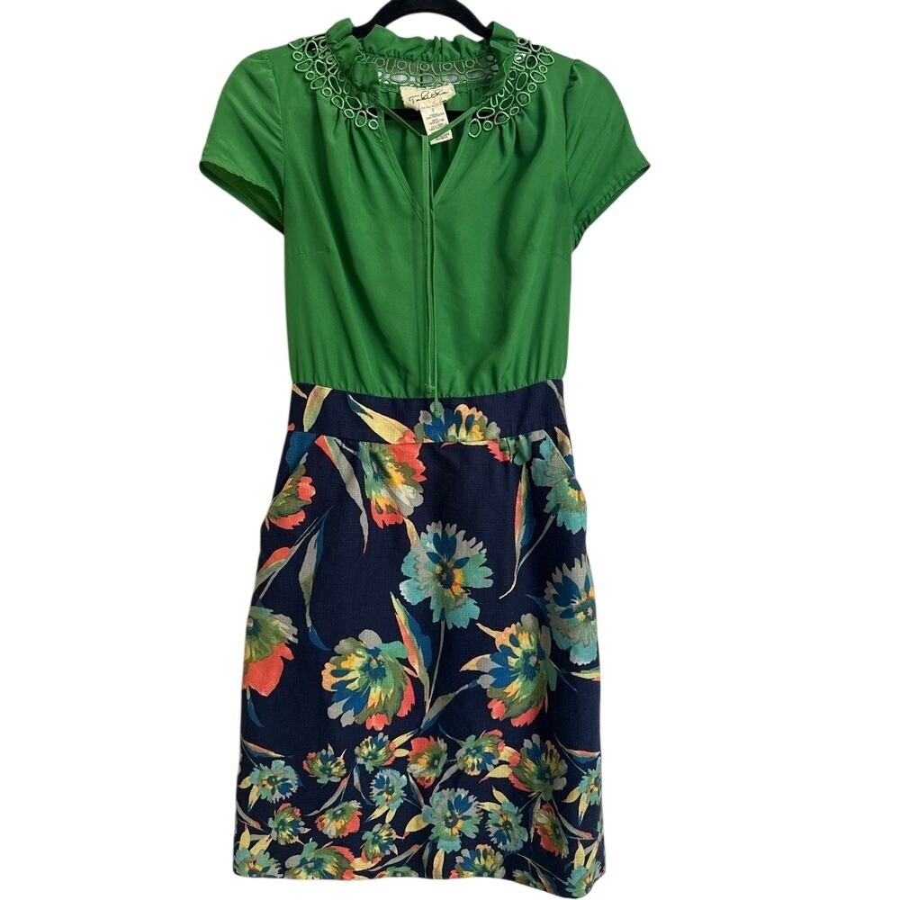 Anthropologie Tabitha Green Crochet Neck Silk-Feel & Floral Skirt Mini Dress - 2